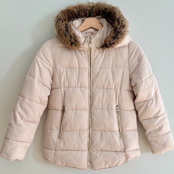 ZARA Girls Faux Fur Hooded Puffer Jacket - Beige - Size 10 - Picture 1 of 5
